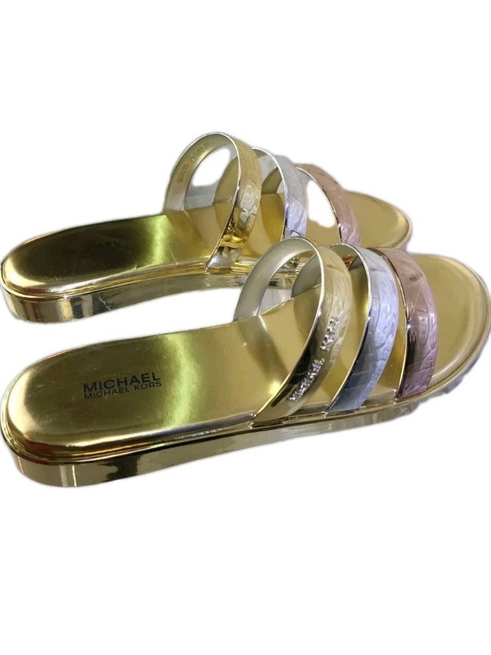 Michael Kors Keiko Slide Metallic Gunmetal Silver Rose Gold Sandals Sz 6